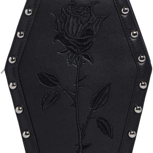Dolls Kill Rose Resurrection Coffin Backpack by Widow - Black Vegan Leather Bag With Studded Trim, Perfect for Gothic Fashion