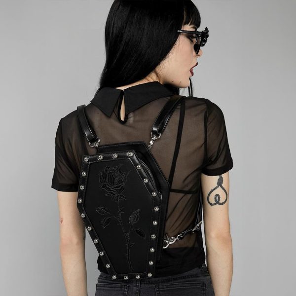 Dolls Kill Rose Resurrection Coffin Backpack by Widow - Black Vegan Leather Bag With Studded Trim, Perfect for Gothic Fashion - Image 5