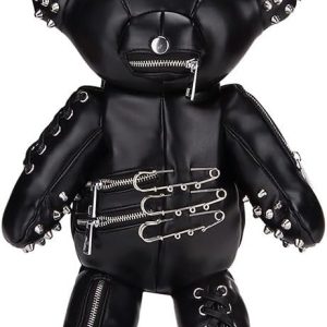 Dolls Kill Tormented Teddy Backpack - Vegan Leather Bag, Spikes and Studs Black