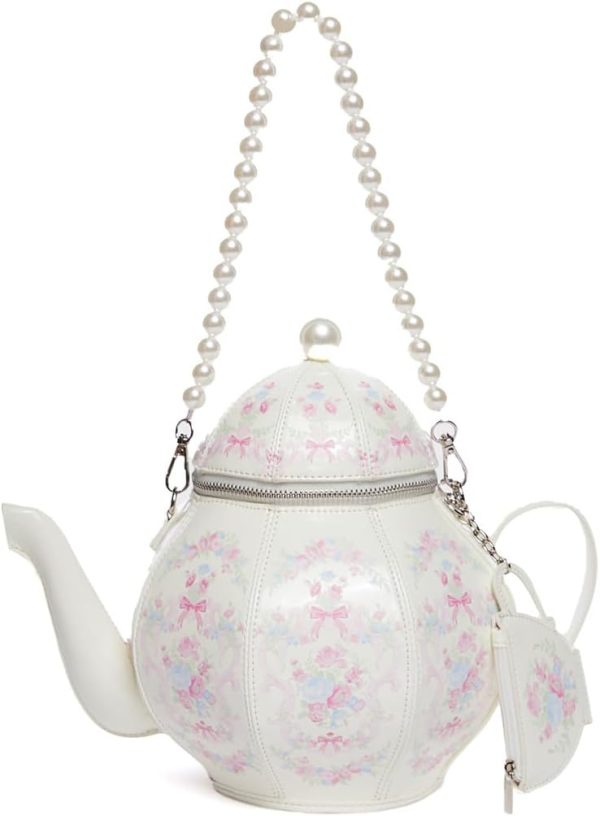 Dolls Kill Tea Society Handbag by Sugar Thrillz - Vegan Leather, Floral Print, Pearl Strap, Perfect for Whimsical Style