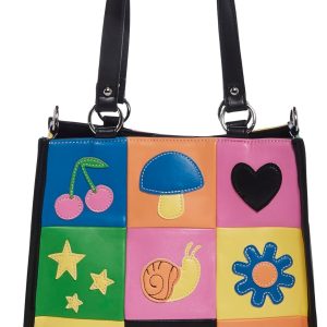 Dolls Kill Happy In My Mind Tote Bag – Vegan Leather Patchwork Handbag with Embroidered Appliques – One Size